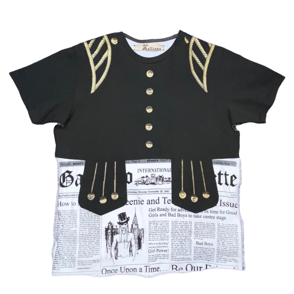 M VTG John Galliano Dior Newspaper Gazette Military Trompe L’oeil Tee Shirt